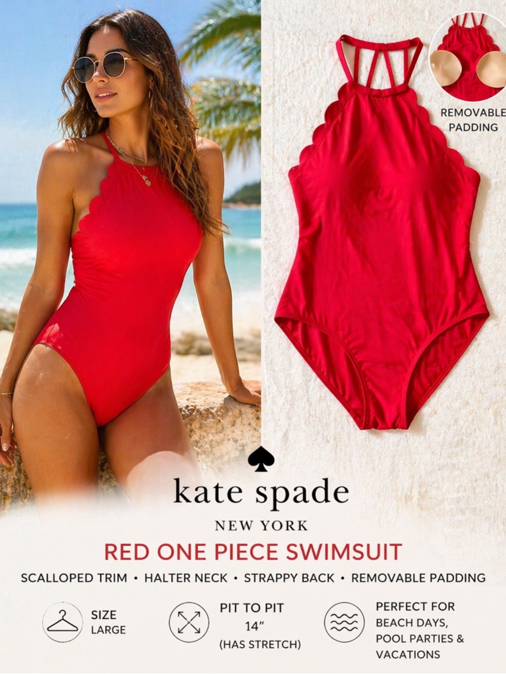 Kate Spade Red One Piece Swimsuit Large Halter Scallop Trim Strappy Back